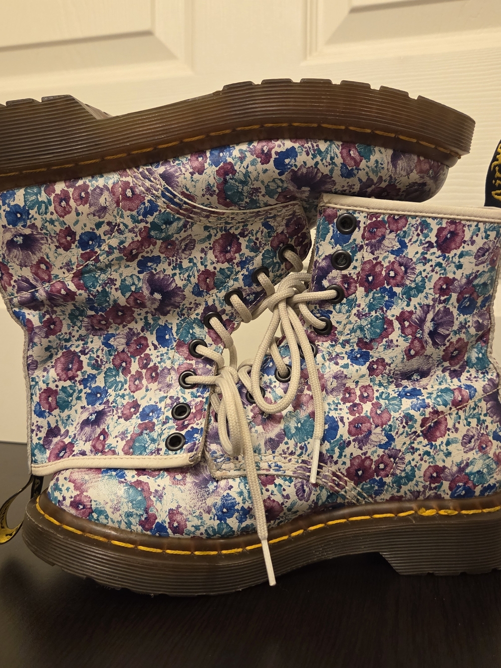 Dr. Martens Floral Lace-Up Women's Ankle Boots in Purple & Blue Rare
